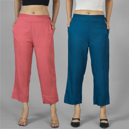 Pack Of 2 Womens Mauve Pink And Teal Blue Ankle Length Rayon Culottes Trouser Combo