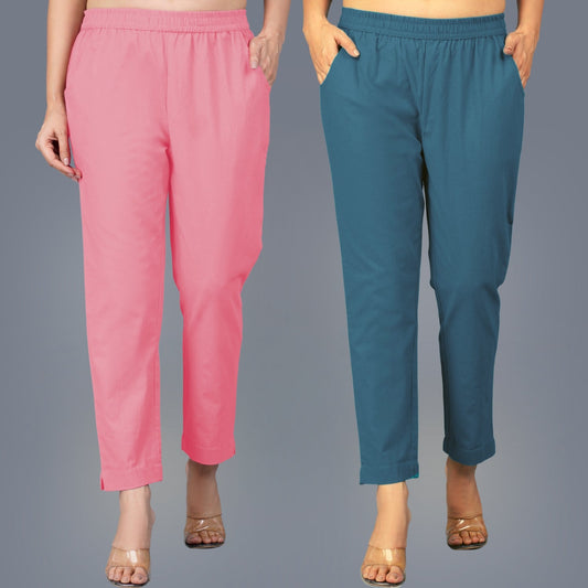 Pack Of 2 Womens Regular Fit Mauve Pink And Teal Blue Fully Elastic Waistband Cotton Trouser