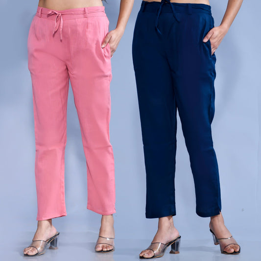 Pack Of 2 Womens Regular Fit Mauve Pink And Teal Blue Cotton Slub Belt Pant Combo