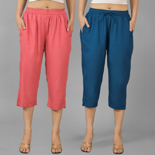 Pack Of 2 Womens Mauve Pink And Teal Blue Calf Length Rayon Culottes Trouser Combo