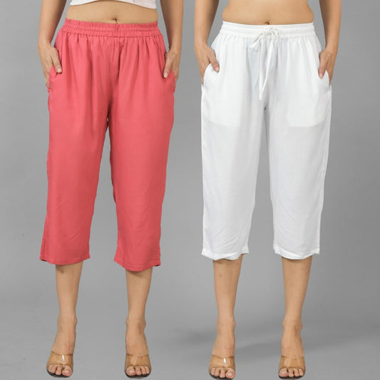 Pack Of 2 Womens Mauve Pink And White Calf Length Rayon Culottes Trouser Combo