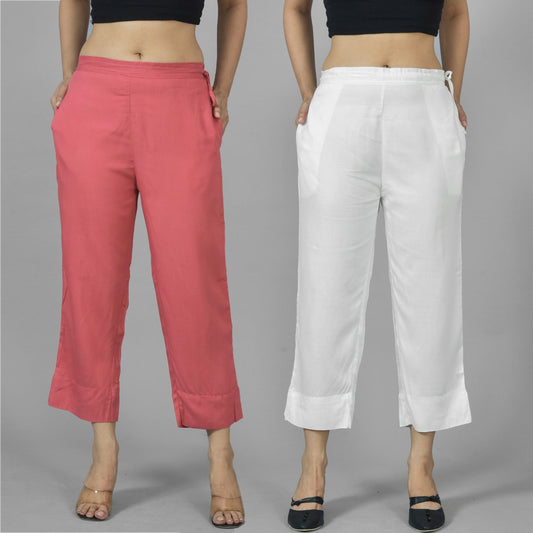 Pack Of 2 Womens Mauve Pink And White Ankle Length Rayon Culottes Trouser Combo