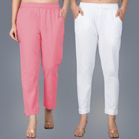 Pack Of 2 Womens Regular Fit Mauve Pink And White Fully Elastic Waistband Cotton Trouser