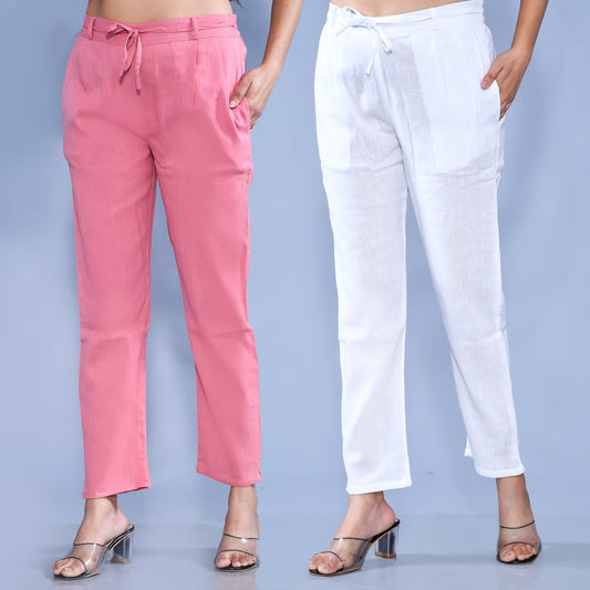 Pack Of 2 Womens Regular Fit Mauve Pink And White Cotton Slub Belt Pant Combo