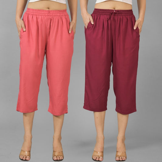 Pack Of 2 Womens Mauve Pink And Wine Calf Length Rayon Culottes Trouser Combo