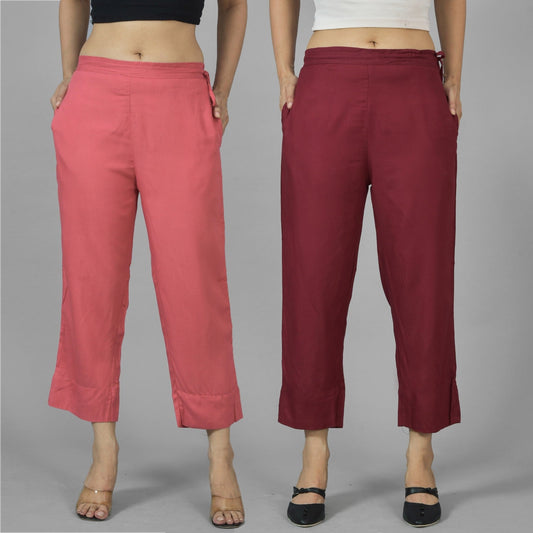 Pack Of 2 Womens Mauve Pink And Wine Ankle Length Rayon Culottes Trouser Combo