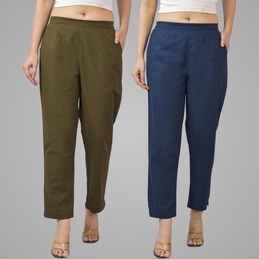 Pack Of 2 Womens Half Elastic Mehndi Green And Navy Blue Deep Pocket Cotton Pants