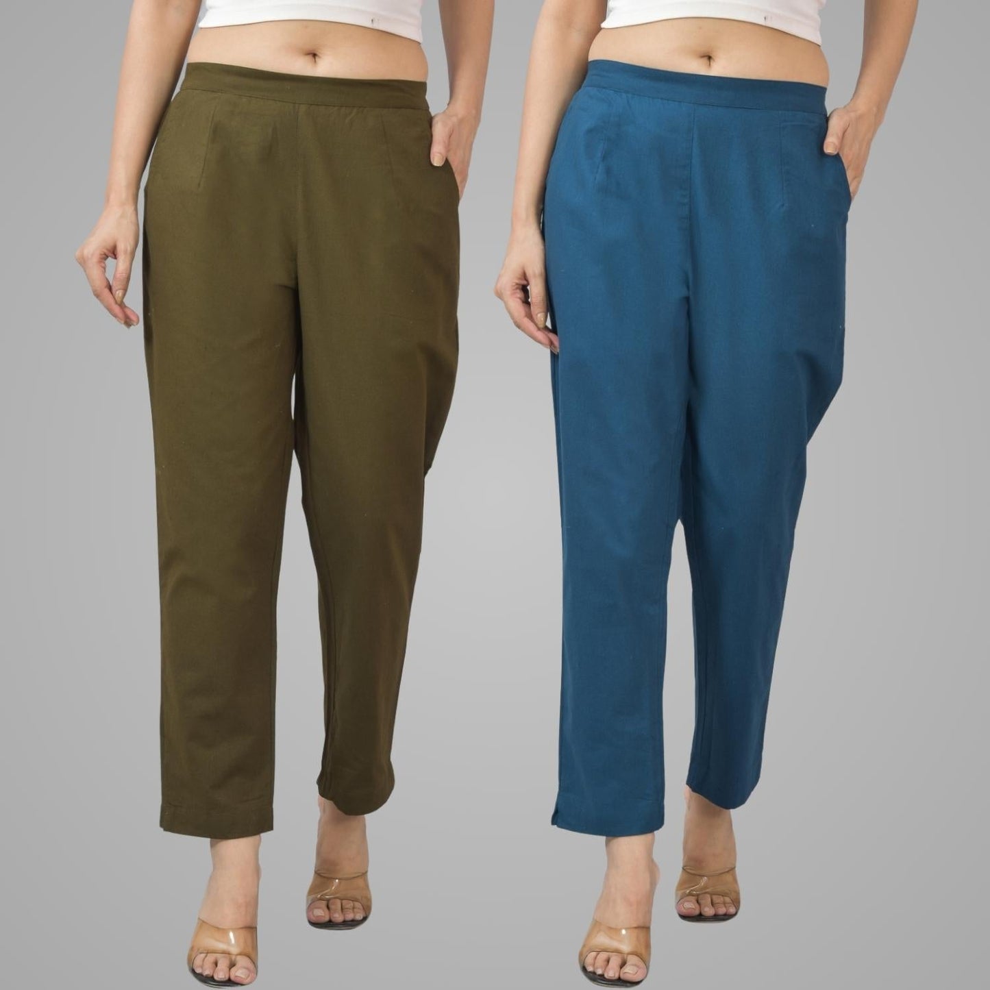 Pack Of 2 Womens Half Elastic Mehndi Green And Teal Blue Deep Pocket Cotton Pants