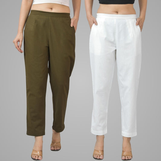 Pack Of 2 Womens Half Elastic Mehndi Green And White Deep Pocket Cotton Pants