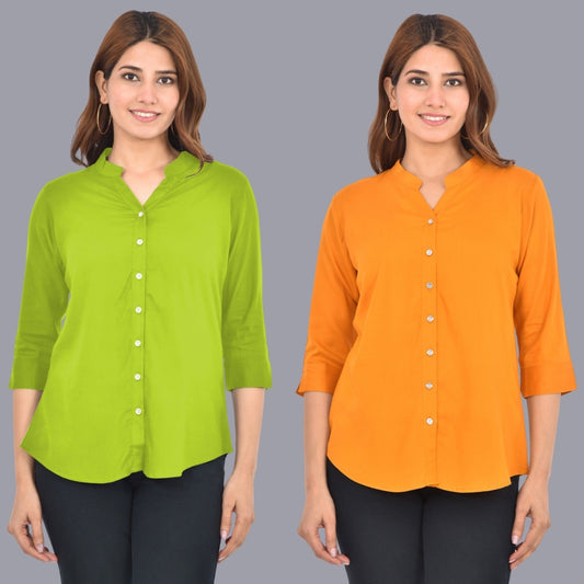 Pack Of 2 Womens Solid Mehndi Green and Mustard Rayon Chinese Collar Shirts Combo