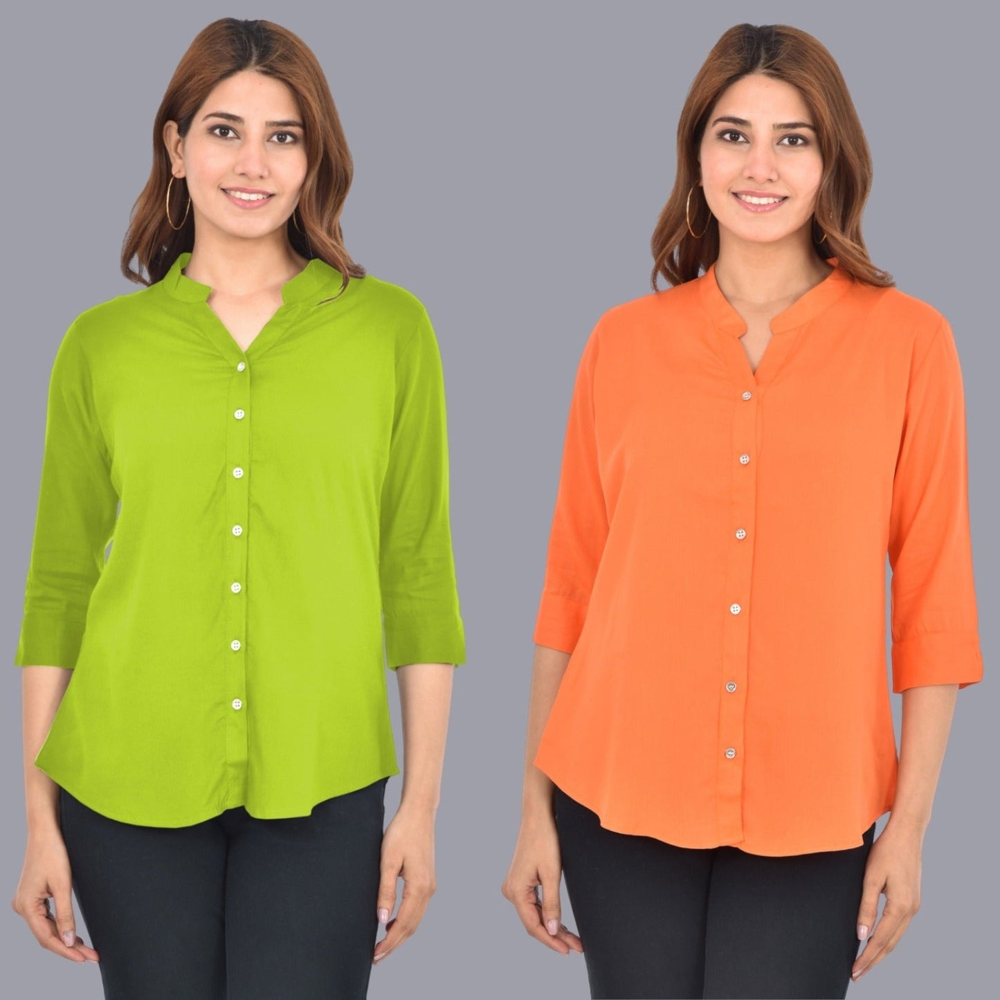 Pack Of 2 Womens Solid Mehndi Green and Peach Rayon Chinese Collar Shirts Combo