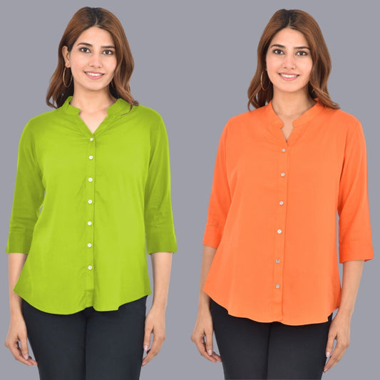 Pack Of 2 Womens Solid Mehndi Green and Peach Rayon Chinese Collar Shirts Combo
