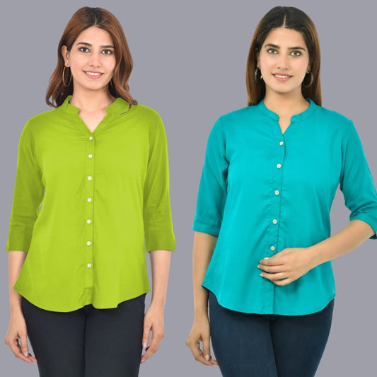 Pack Of 2 Womens Solid Mehndi Green and Sky Blue Rayon Chinese Collar Shirts Combo