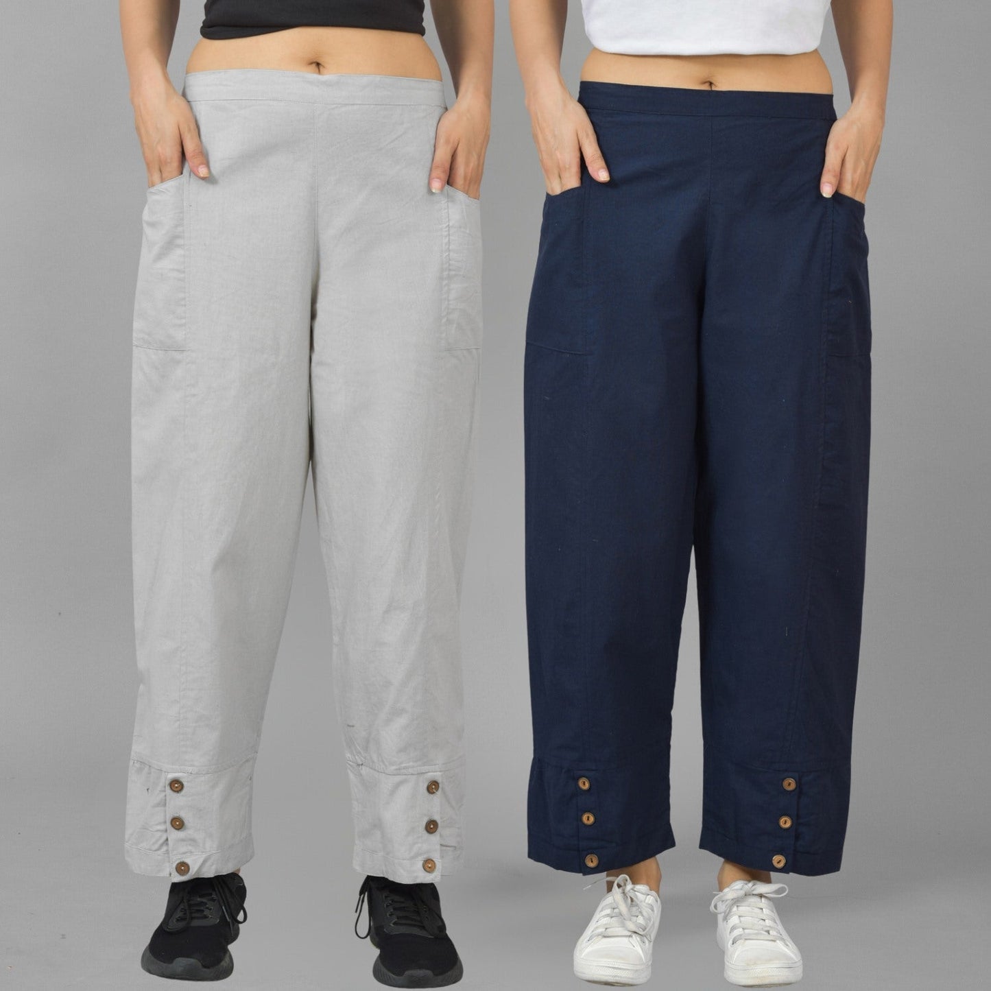 Combo Pack Of Womens Melange Grey And Navy Blue Side Pocket Straight Cargo Pants