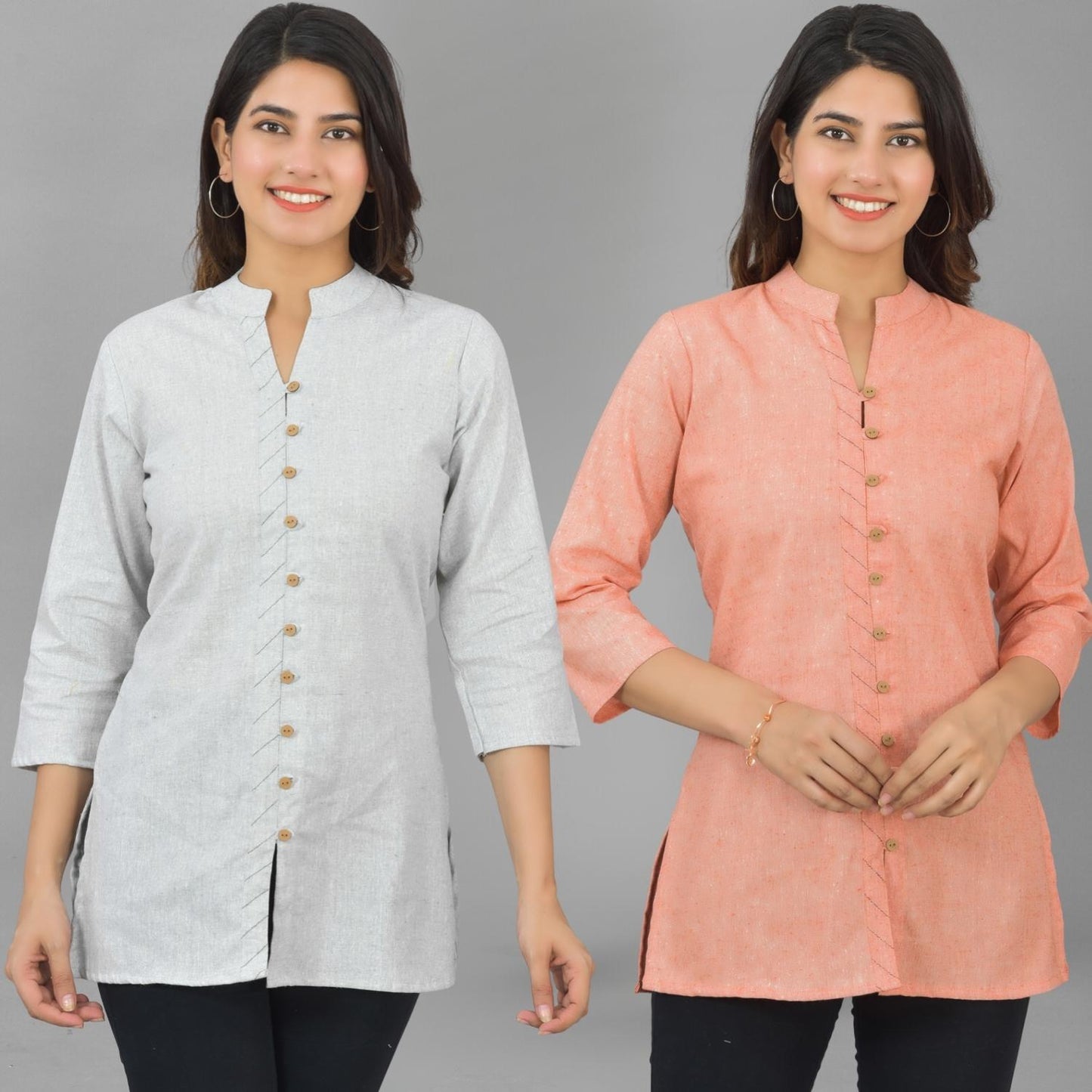 Pack Of 2 Womens Melange Grey And Orange Woven Design Handloom Cotton Frontslit Short Kurtis