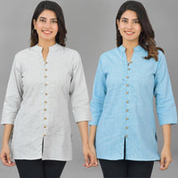 Pack Of 2 Womens Melange Grey And Sky Blue Woven Design Handloom Cotton Frontslit Short Kurtis