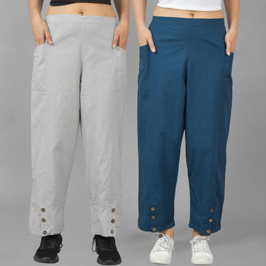 Combo Pack Of Womens Melange Grey And Teal Blue Side Pocket Straight Cargo Pants