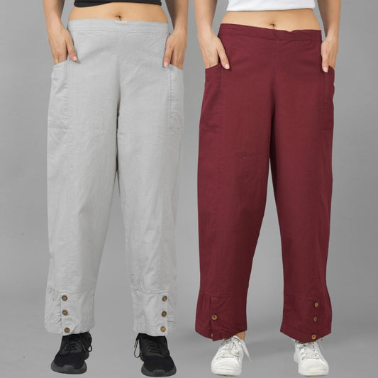 Combo Pack Of Womens Melange Grey And Wine Side Pocket Straight Cargo Pants