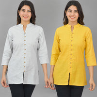 Pack Of 2 Womens Melange Grey And Yellow Woven Design Handloom Cotton Frontslit Short Kurtis