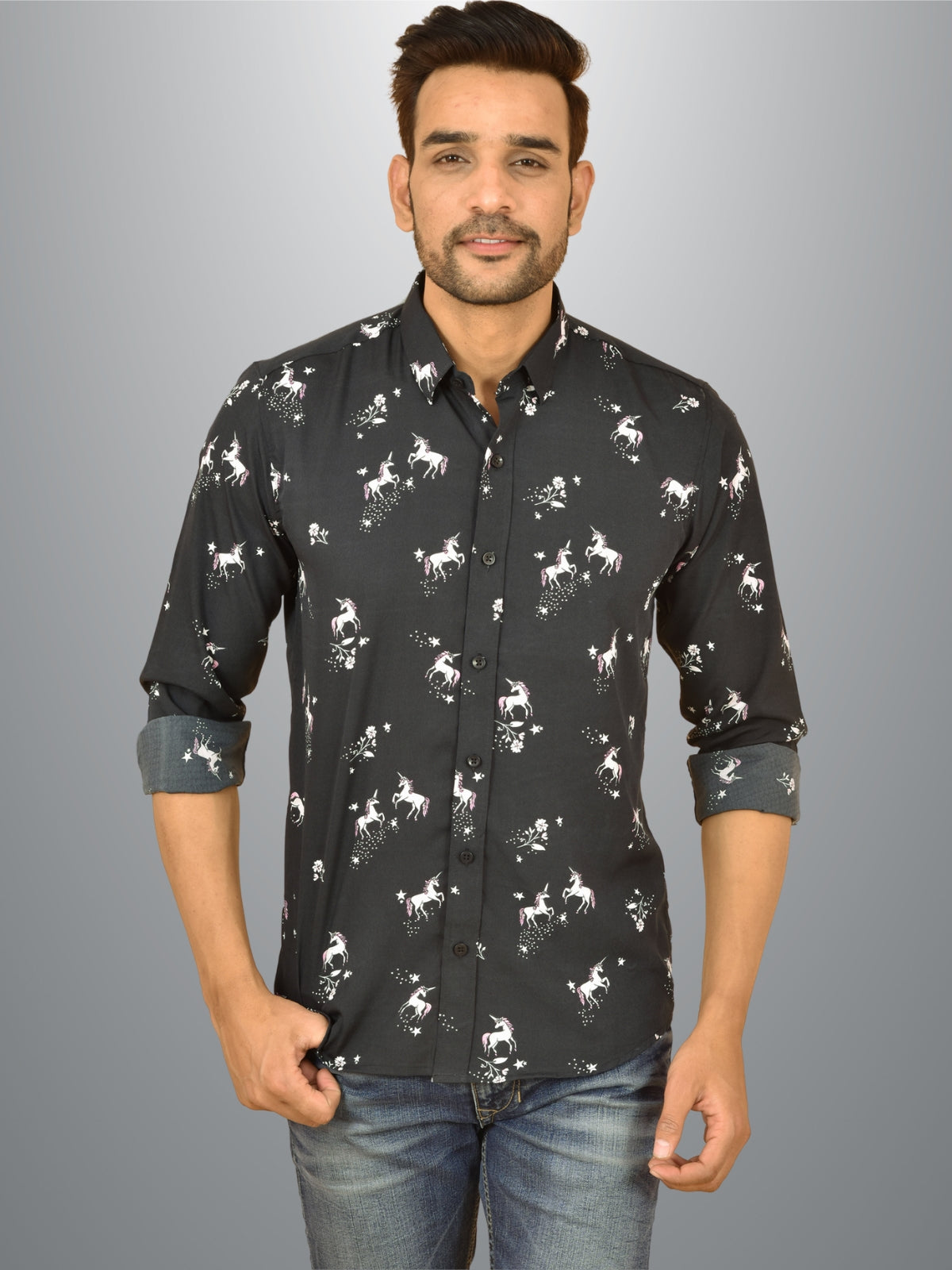 Mens Black Horse Printed Crepe Fabric Shirt