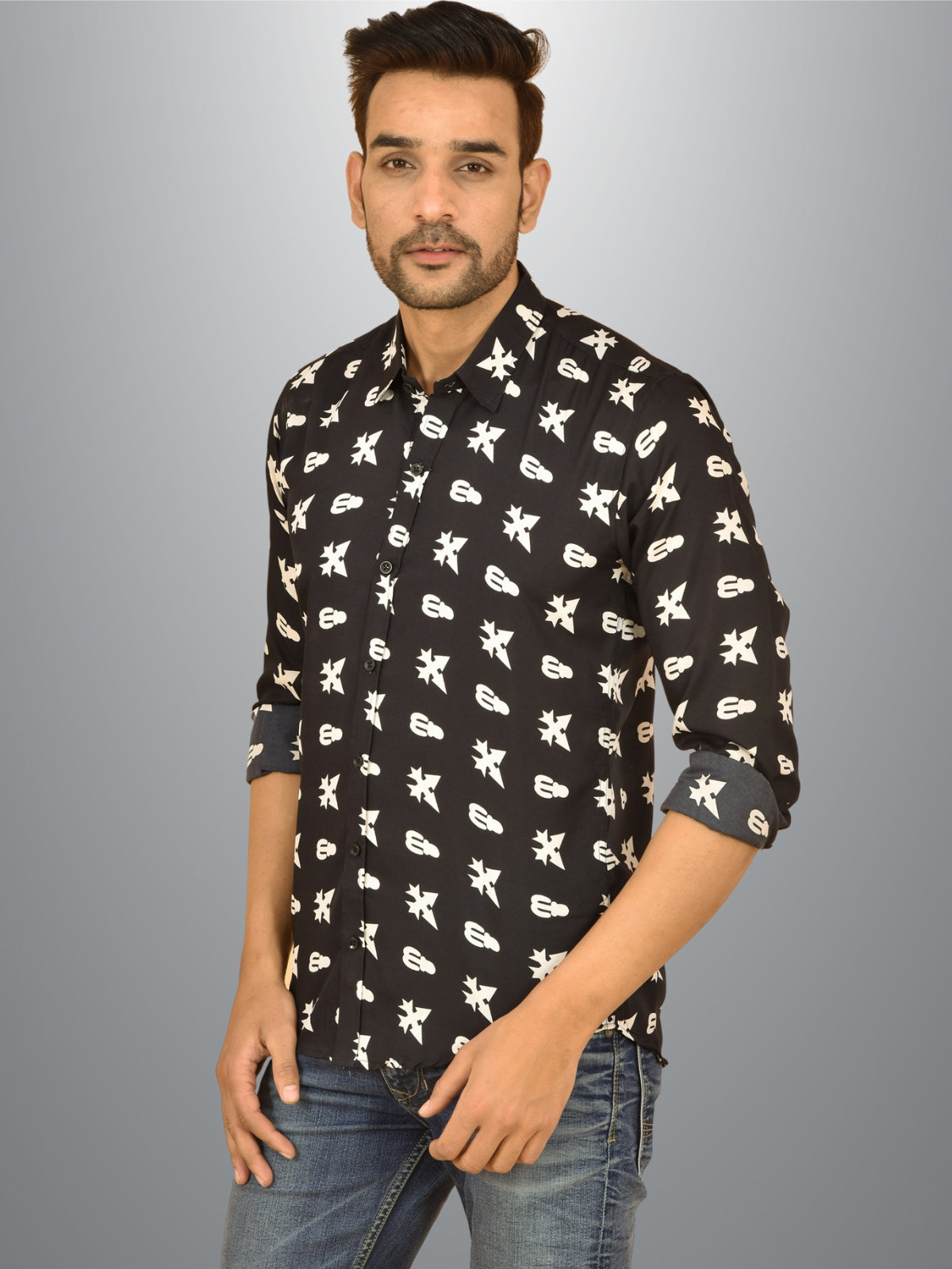 Mens Black Printed Crepe Fabric Shirt