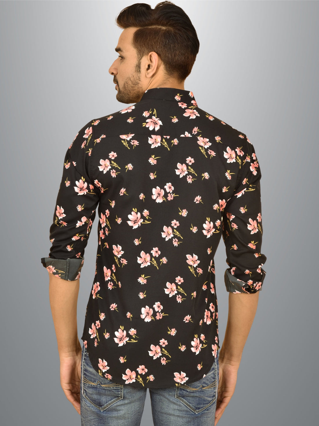 Mens Black Floral Printed Crepe Fabric Shirt