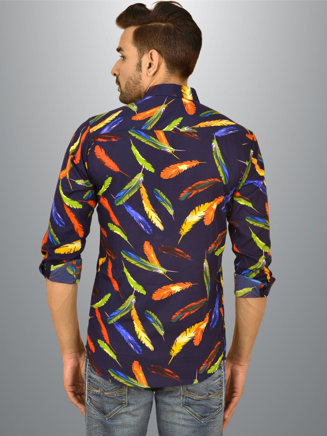Mens Blue Feather Printed Crepe Fabric Shirt
