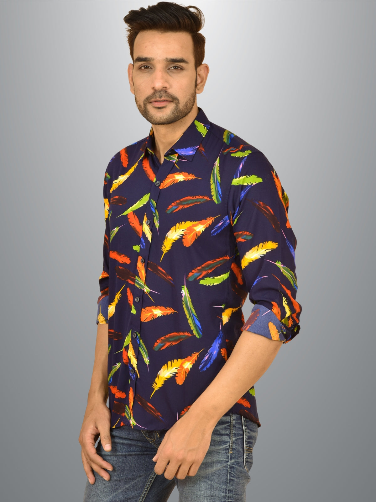 Mens Blue Feather Printed Crepe Fabric Shirt