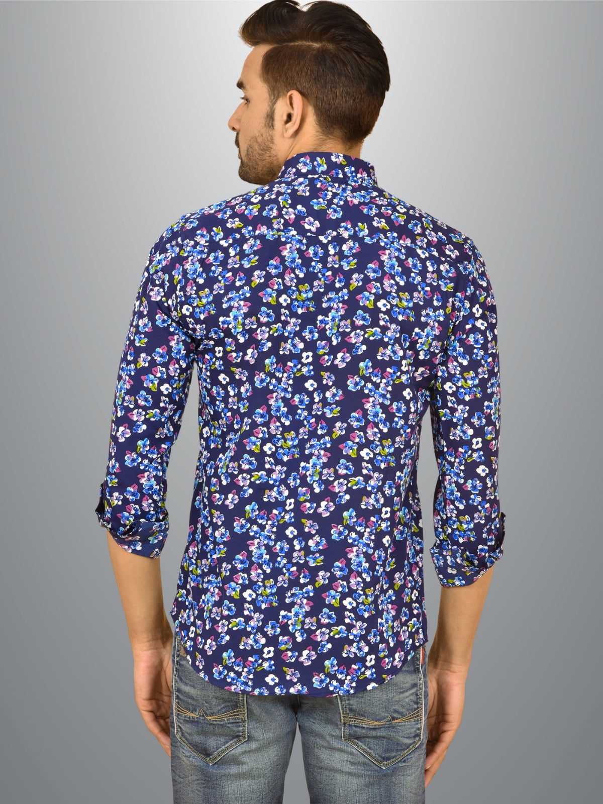 Mens Blue Flower Printed Crepe Fabric Shirt