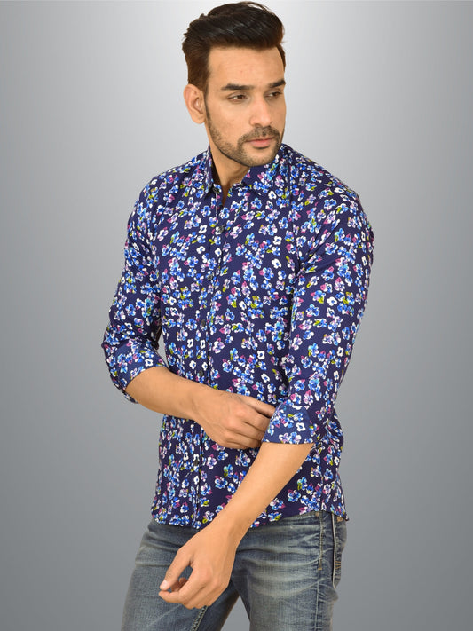 Mens Blue Flower Printed Crepe Fabric Shirt