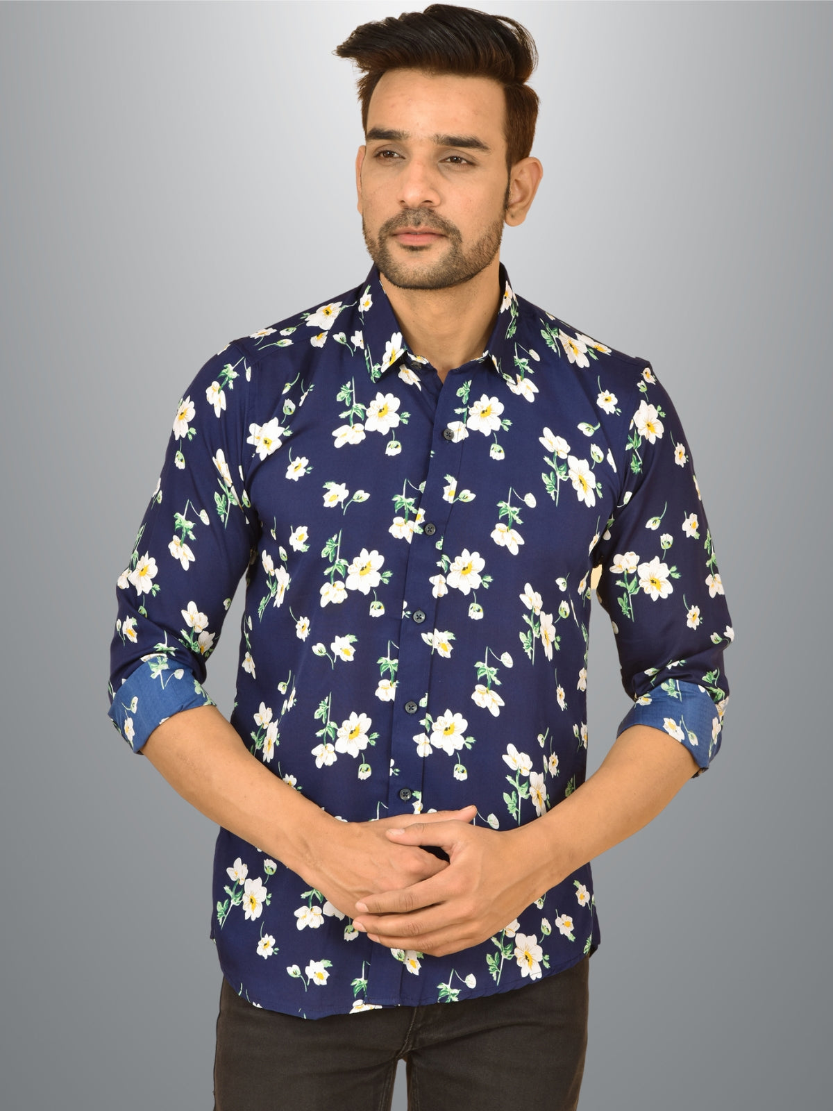 Mens Blue Floral Printed Crepe Fabric Shirt