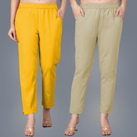 Pack Of 2 Womens Regular Fit Mustard And Beige Fully Elastic Waistband Cotton Trouser