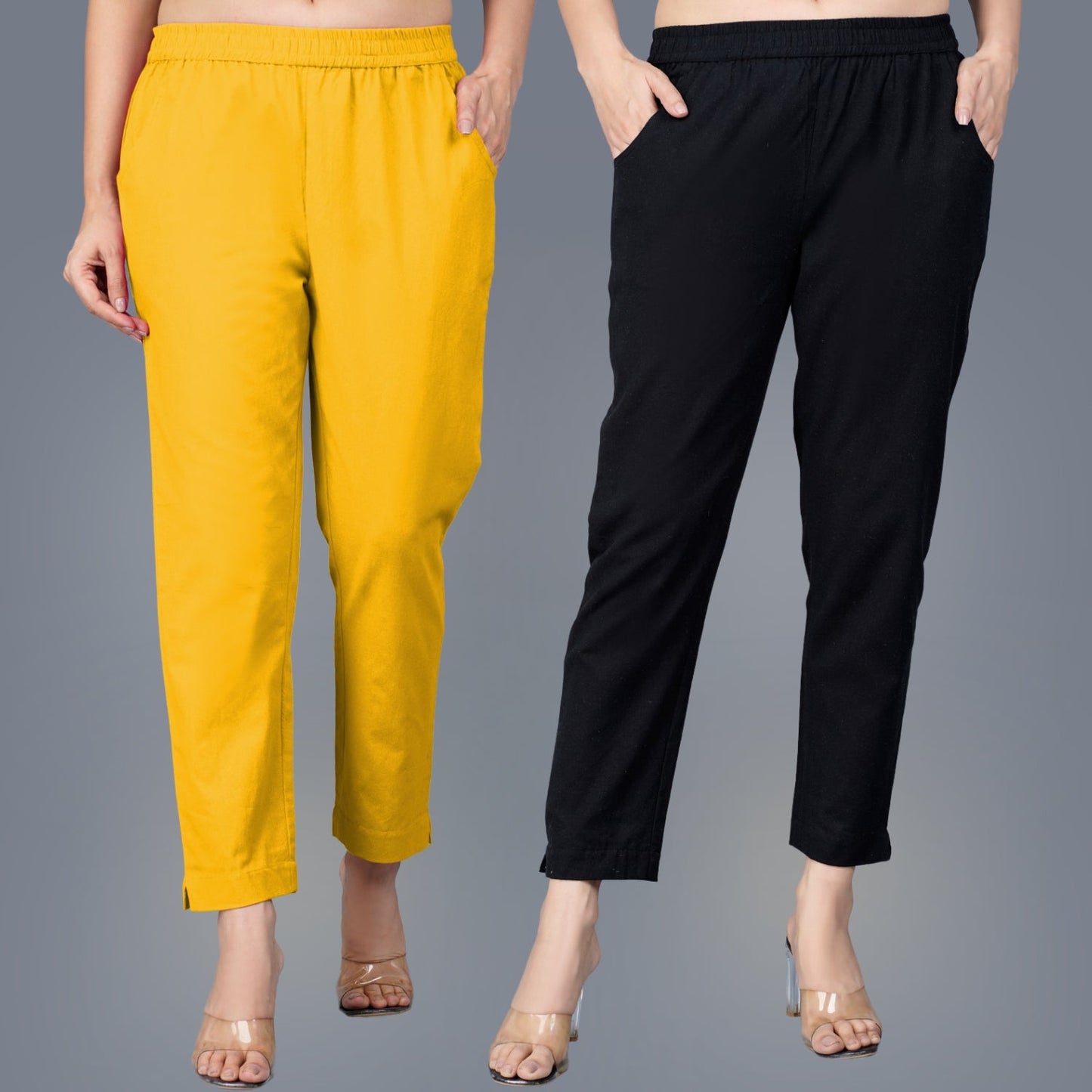 Pack Of 2 Womens Regular Fit Mustard And Black Fully Elastic Waistband Cotton Trouser