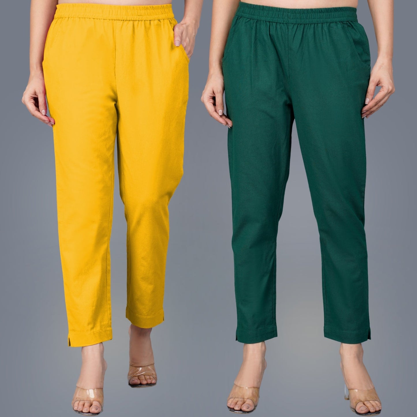 Pack Of 2 Womens Regular Fit Mustard And Bottle Green Fully Elastic Waistband Cotton Trouser