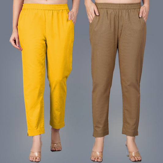 Pack Of 2 Womens Regular Fit Mustard And Brown Fully Elastic Waistband Cotton Trouser