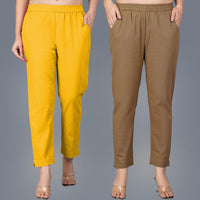 Pack Of 2 Womens Regular Fit Mustard And Brown Fully Elastic Waistband Cotton Trouser