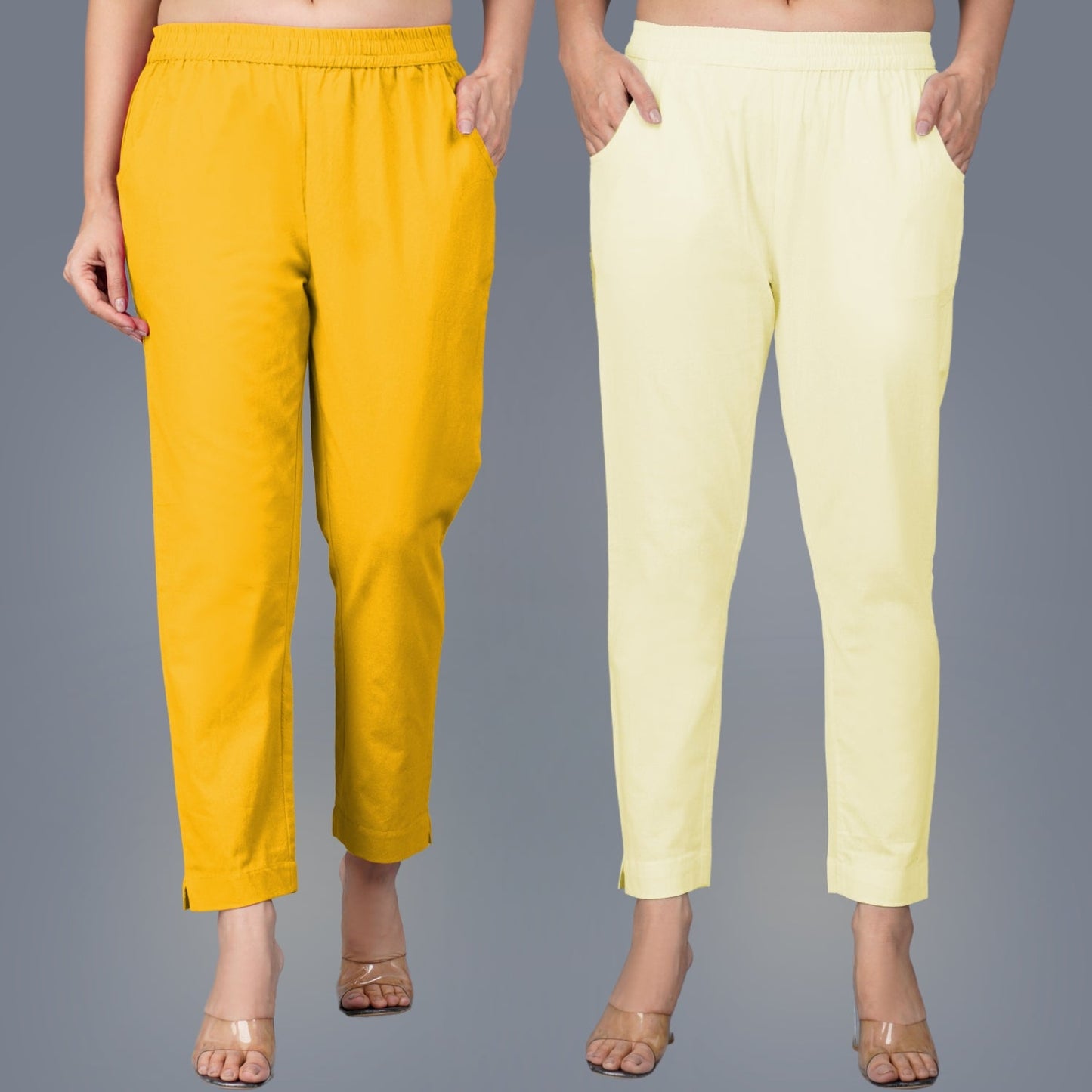 Pack Of 2 Womens Regular Fit Mustard And Cream Fully Elastic Waistband Cotton Trouser