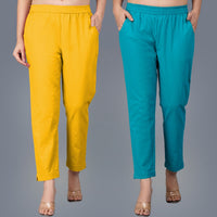 Pack Of 2 Womens Regular Fit Mustard And Cyan Fully Elastic Waistband Cotton Trouser