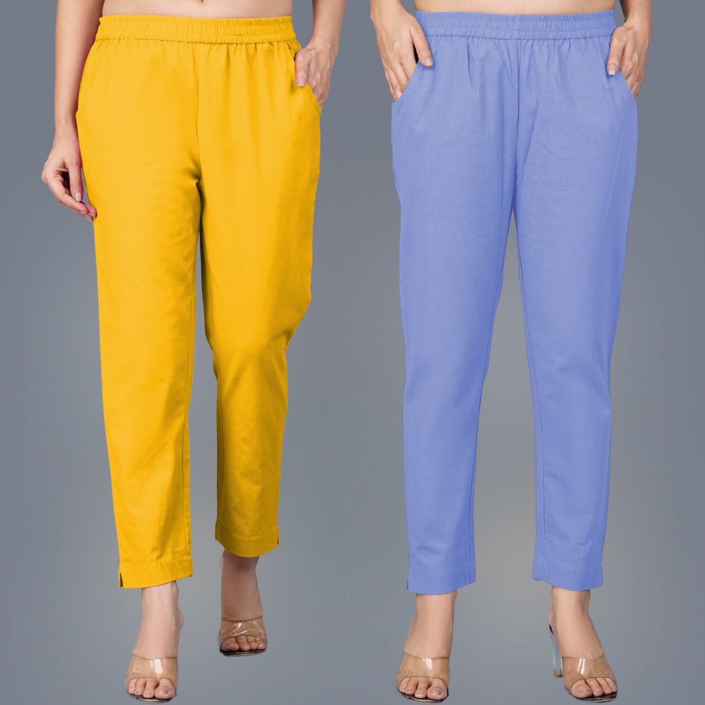 Pack Of 2 Womens Regular Fit Mustard And Denim Blue Fully Elastic Waistband Cotton Trouser