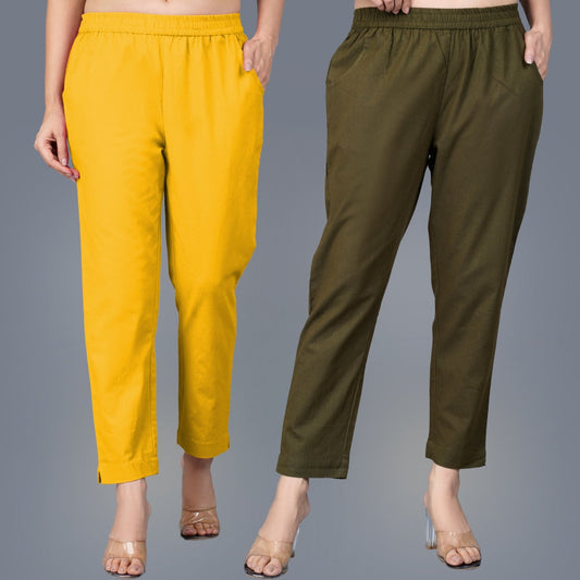 Pack Of 2 Womens Regular Fit Mustard And Dark Green Fully Elastic Waistband Cotton Trouser