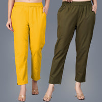 Pack Of 2 Womens Regular Fit Mustard And Dark Green Fully Elastic Waistband Cotton Trouser