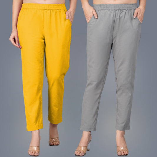 Pack Of 2 Womens Regular Fit Mustard And Grey Fully Elastic Waistband Cotton Trouser