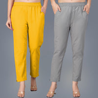 Pack Of 2 Womens Regular Fit Mustard And Grey Fully Elastic Waistband Cotton Trouser