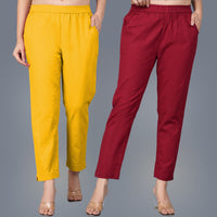 Pack Of 2 Womens Regular Fit Mustard And Maroon Fully Elastic Waistband Cotton Trouser