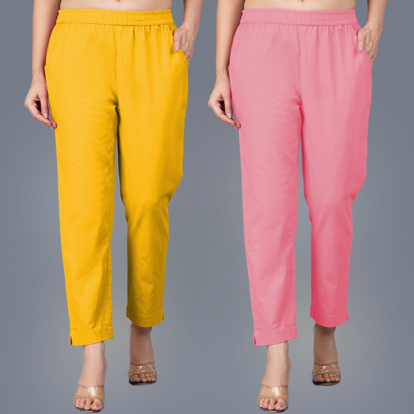 Pack Of 2 Womens Regular Fit Mustard And Mauve Pink Fully Elastic Waistband Cotton Trouser