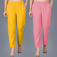 Pack Of 2 Womens Regular Fit Mustard And Mauve Pink Fully Elastic Waistband Cotton Trouser