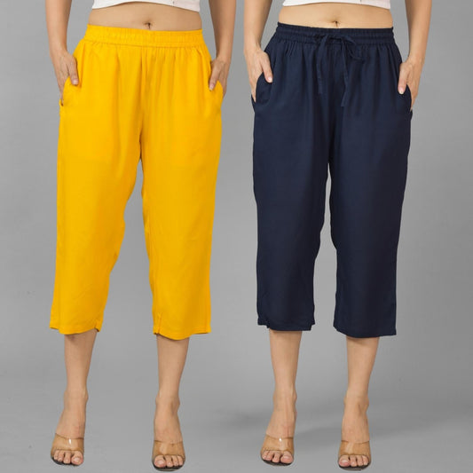 Pack Of 2 Womens Mustard And Navy Blue Calf Length Rayon Culottes Trouser Combo