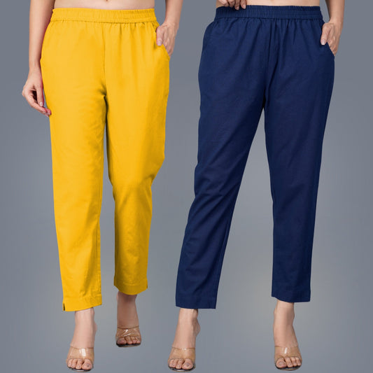 Pack Of 2 Womens Regular Fit Mustard And Navy Blue Fully Elastic Waistband Cotton Trouser