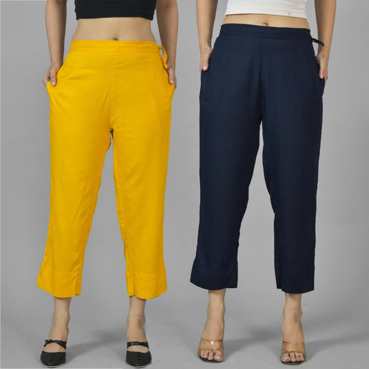 Pack Of 2 Womens Mustard And Navy Blue Ankle Length Rayon Culottes Trouser Combo