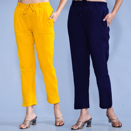 Pack Of 2 Womens Regular Fit Mustard And Navy Blue Cotton Slub Belt Pant Combo
